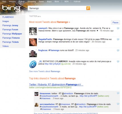 Resultados de busca por tweets no Bing com a palavra "flamengo". Repare na diagramação das mensagens semelhante ao do twitter.