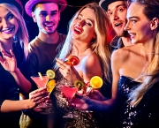 Woman disco night club. Cocktail party with group people dancing and drink cocktail. Women and men h