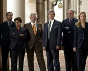 LAW & ORDER -- NBC Series -- Pictured: (l-r) Jessie Martin as Det. Ed Green, S. Epatha Merkerson as Lt. Anita Van Buren, Dennis Farina as Joe Fontana, Sam Waterston as Asst. D.A. Jack McCoy, Fred Thompson as D.A. Arthur Branch,  Elisabeth Rohm as Asst. D.A. Serena Southerlyn -- NBC Photo: Paul Drinkwater